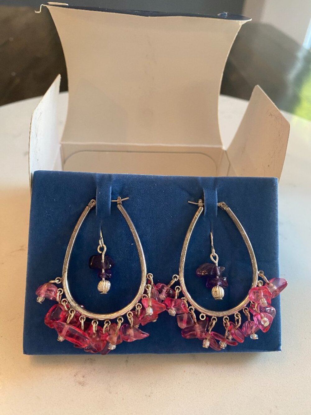 Avon Semi-Precious Nugget Hoop Earrings Grape Punch Amethyst Pink Beads Boxed